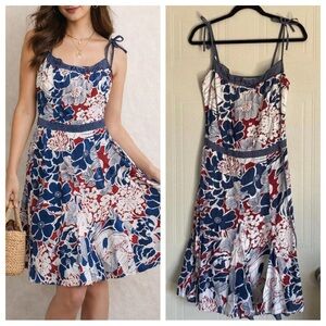 Blue White Floral Knee Length Dress Small Retro Summer Coastal